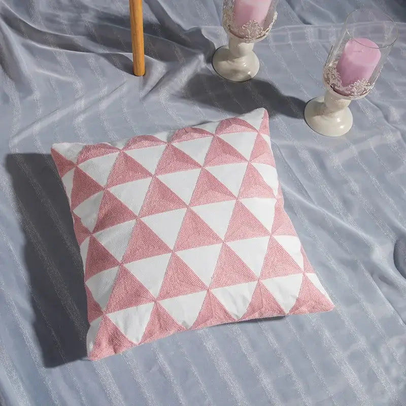 Pink & white cotton flower embroidered geometry pillow living room