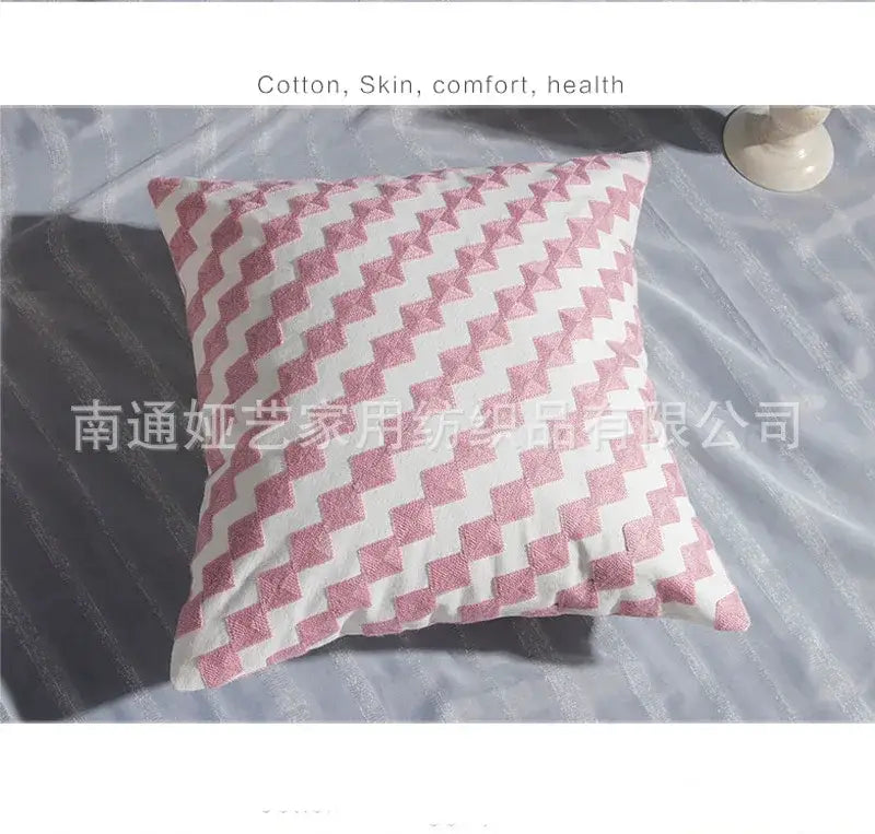 Pink & white cotton flower embroidered geometry pillow living room