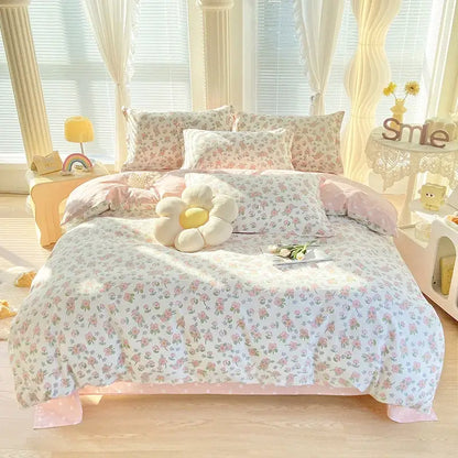 Pink & white floral cotton printed bedding set bedroom soft satin finish