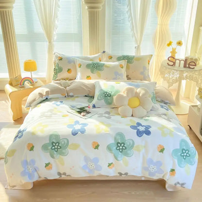 Pink & white floral cotton printed bedding set bedroom soft satin finish