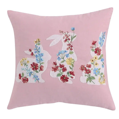 Pink & white floral embroidered bunny cushion cover living room decor
