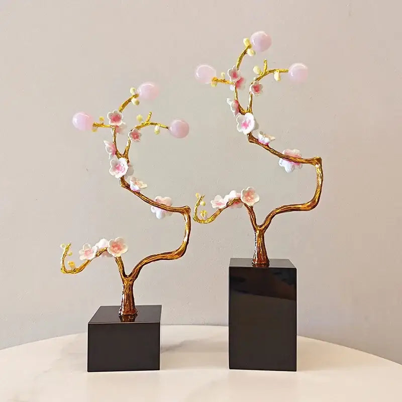 Pink & white golden tree crystal ball statue living room decor