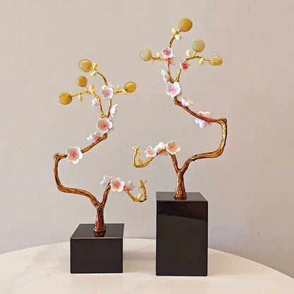 Pink & white golden tree crystal ball statue living room decor