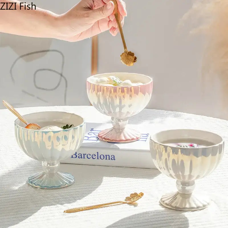 Pink & white gradient gloss ceramic dessert bowl dining room goblet