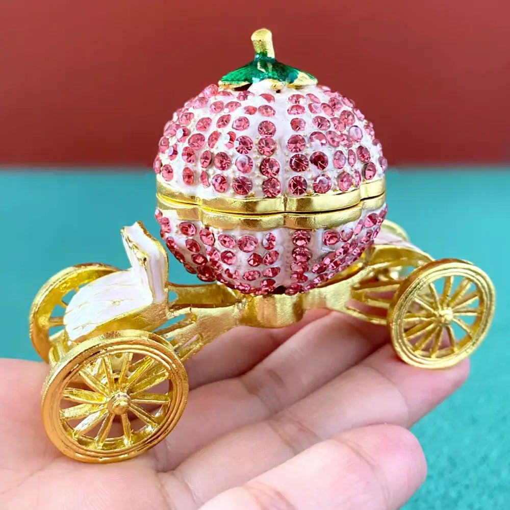 Pink & white rhinestone crown carriage jewelry trinket box bedroom decor