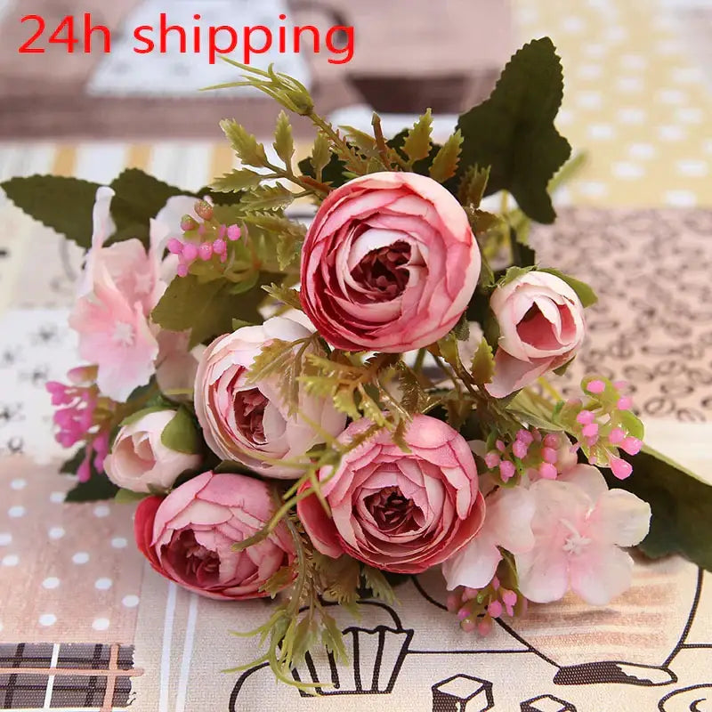 Pink & white silk tea rose ranunculus bouquet wedding decor