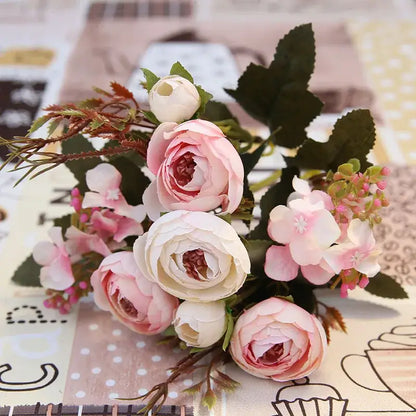 Pink & white silk tea rose ranunculus bouquet wedding decor