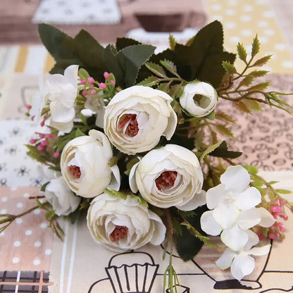 Pink & white silk tea rose ranunculus bouquet wedding decor