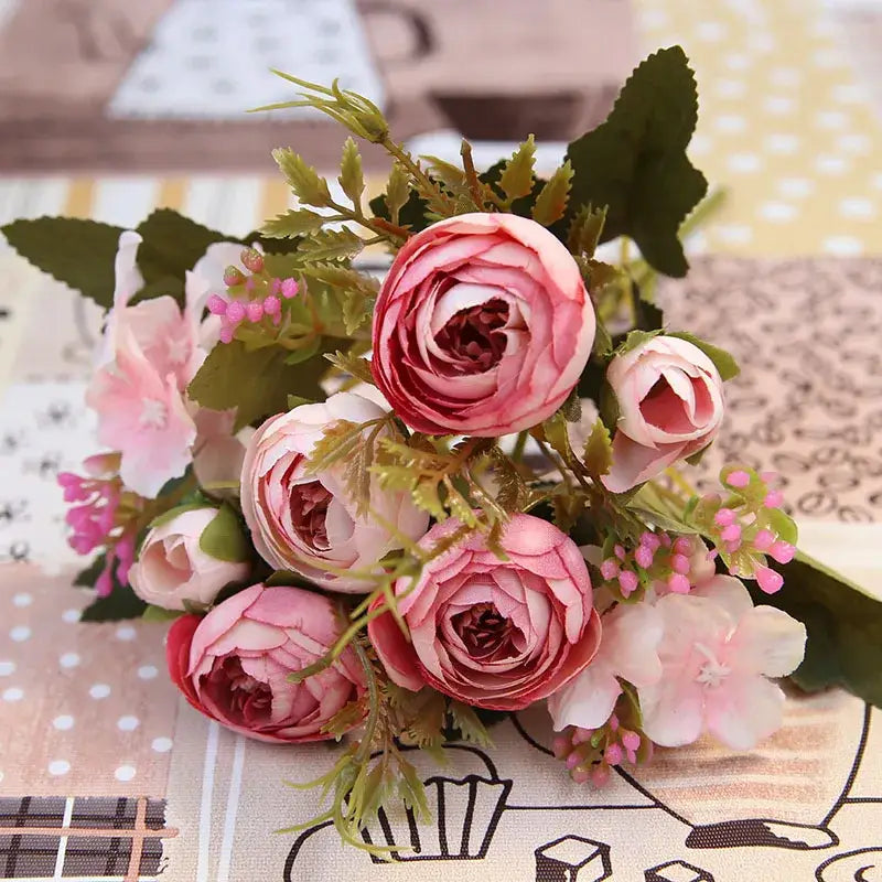Pink & white silk tea rose ranunculus bouquet wedding decor