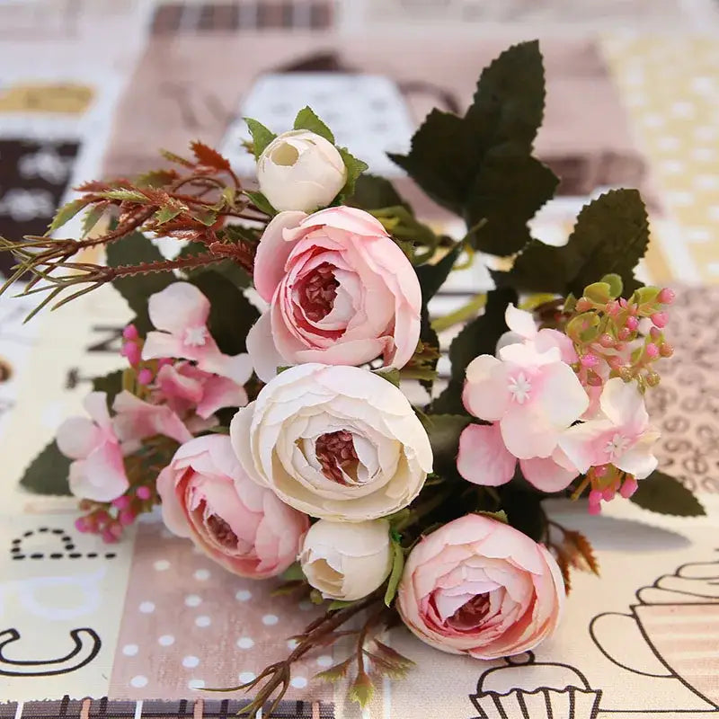 Pink & white silk tea rose ranunculus bouquet wedding decor