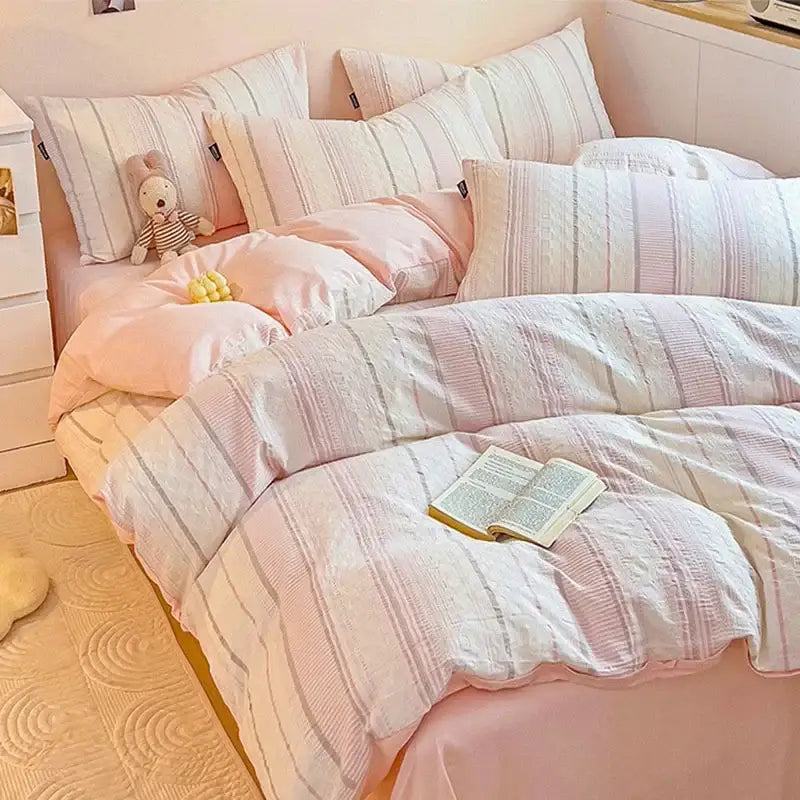 Pink & white striped jacquard cotton bedding set bedroom duvet cover