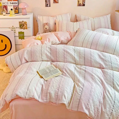 Pink & white striped jacquard cotton bedding set bedroom duvet cover