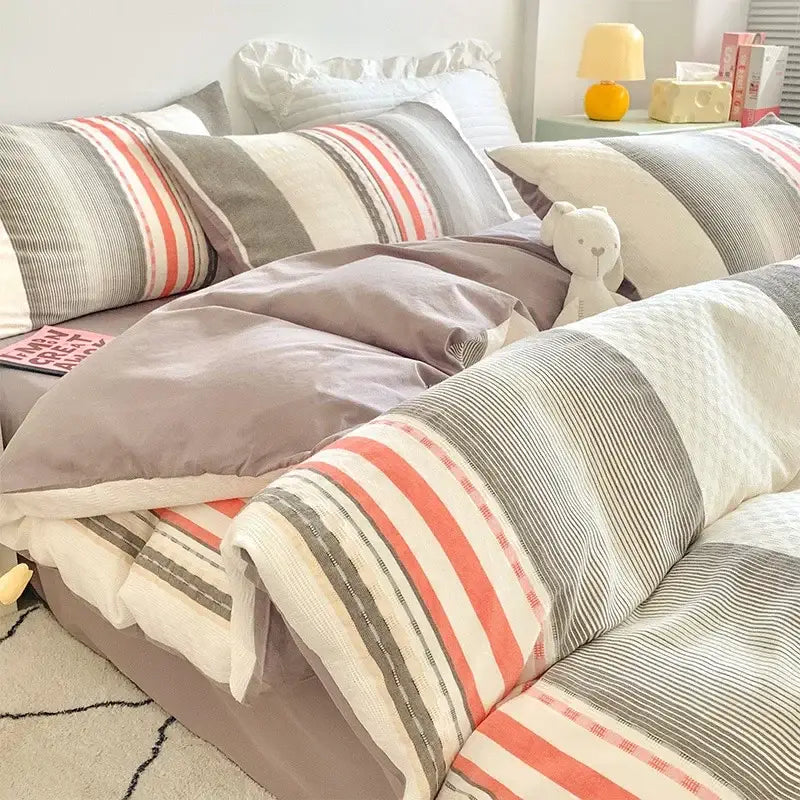 Pink & white striped jacquard cotton bedding set bedroom duvet cover