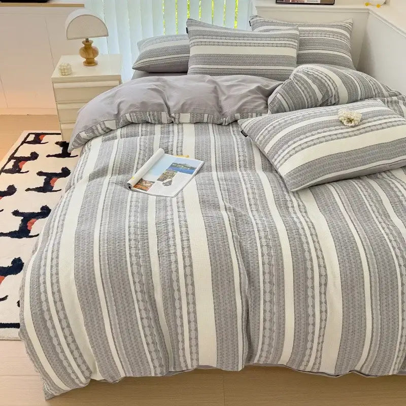 Pink & white striped jacquard cotton bedding set bedroom duvet cover
