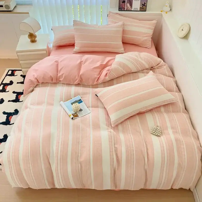 Pink & white striped jacquard cotton bedding set bedroom duvet cover