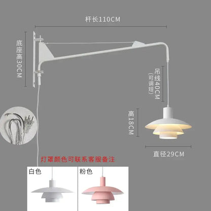 Pink & white swing arm wall lamp bedroom wind rotating light