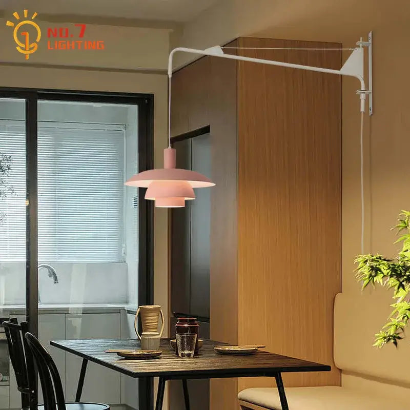 Pink & white swing arm wall lamp bedroom wind rotating light