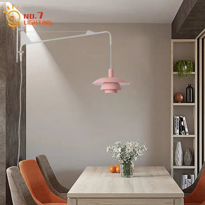 Pink & white swing arm wall lamp bedroom wind rotating light