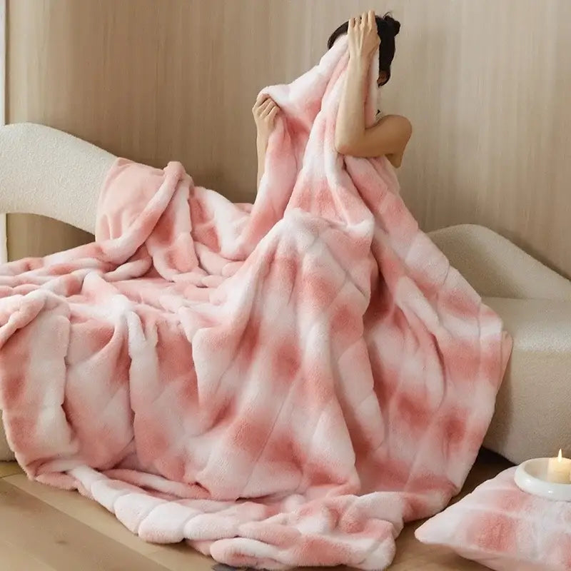 Pink & white tie-dye cozy fleece blanket bedroom throw