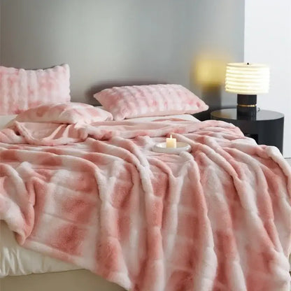 Pink & white tie-dye cozy fleece blanket bedroom throw