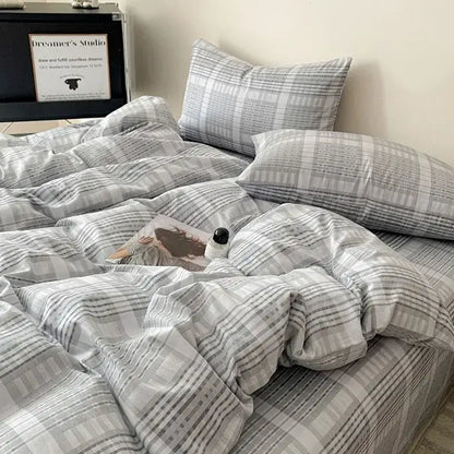 Plaid cream & charcoal cotton grid bedding set – bedroom duvet cover