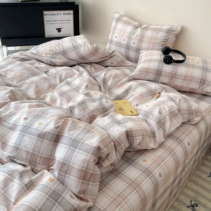 Plaid cream & charcoal cotton grid bedding set – bedroom duvet cover