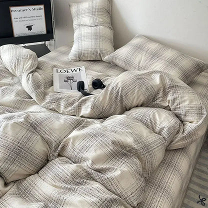 Plaid cream & charcoal cotton grid bedding set – bedroom duvet cover