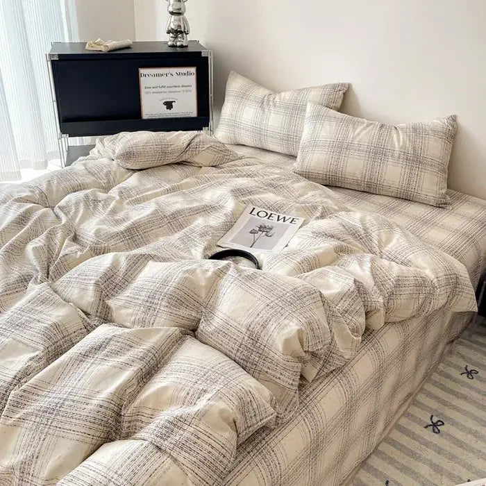 Plaid cream & charcoal cotton grid bedding set – bedroom duvet cover