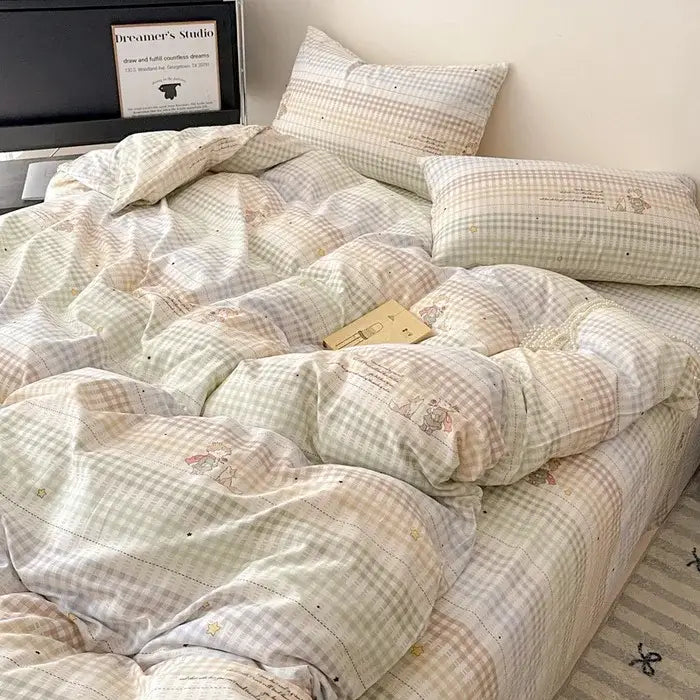Plaid cream & charcoal cotton grid bedding set – bedroom duvet cover
