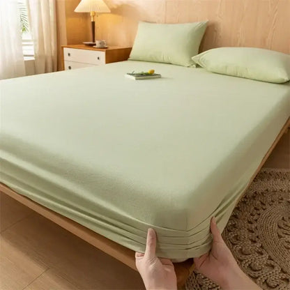 Plaid green & beige cotton fitted sheet – bedroom soft textured weave