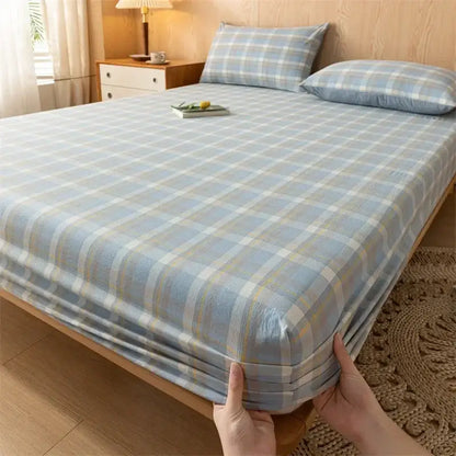 Plaid green & beige cotton fitted sheet – bedroom soft textured weave