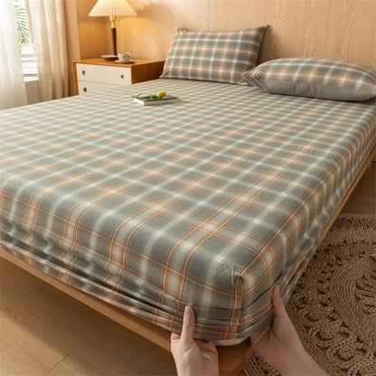Plaid green & beige cotton fitted sheet – bedroom soft textured weave