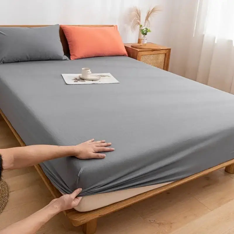Plaid green & beige cotton fitted sheet – bedroom soft textured weave