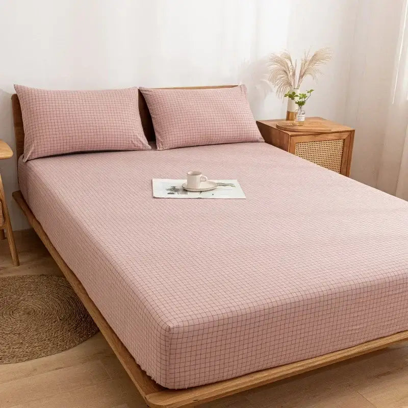 Plaid green & beige cotton fitted sheet – bedroom soft textured weave