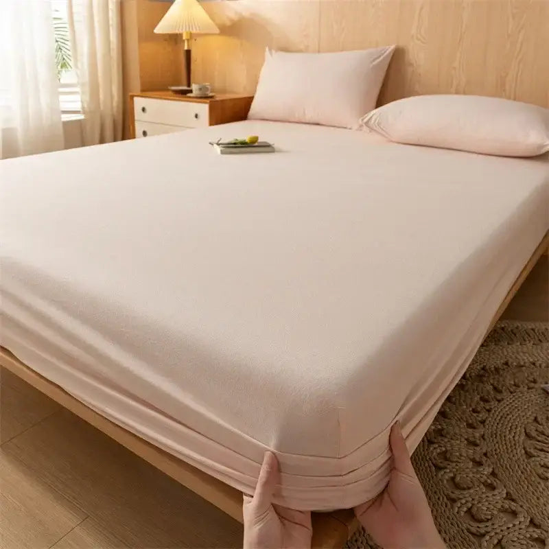 Plaid green & beige cotton fitted sheet – bedroom soft textured weave