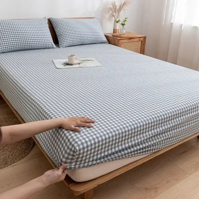 Plaid green & beige cotton fitted sheet – bedroom soft textured weave