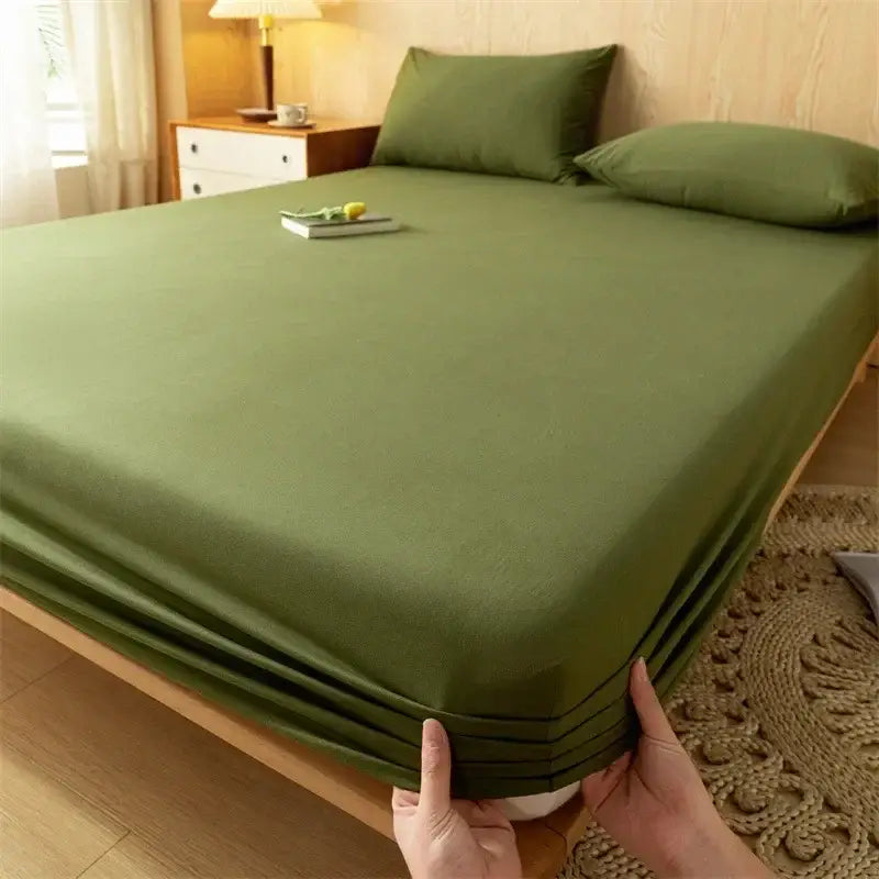 Plaid green & beige cotton fitted sheet – bedroom soft textured weave