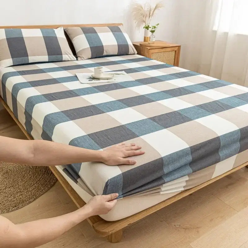 Plaid green & beige cotton fitted sheet – bedroom soft textured weave