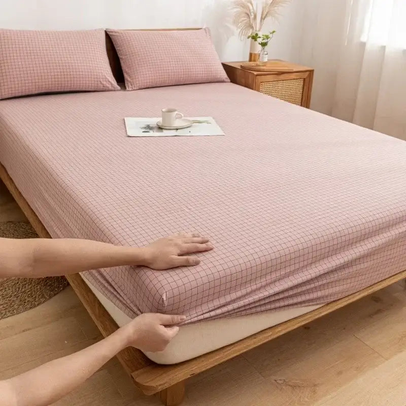 Plaid green & beige cotton fitted sheet – bedroom soft textured weave