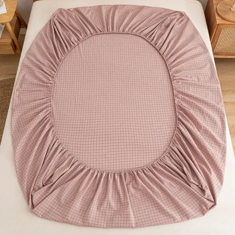Plaid green & beige cotton fitted sheet – bedroom soft textured weave
