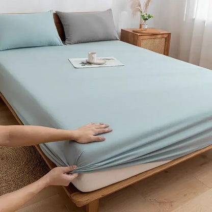 Plaid green & beige cotton fitted sheet – bedroom soft textured weave
