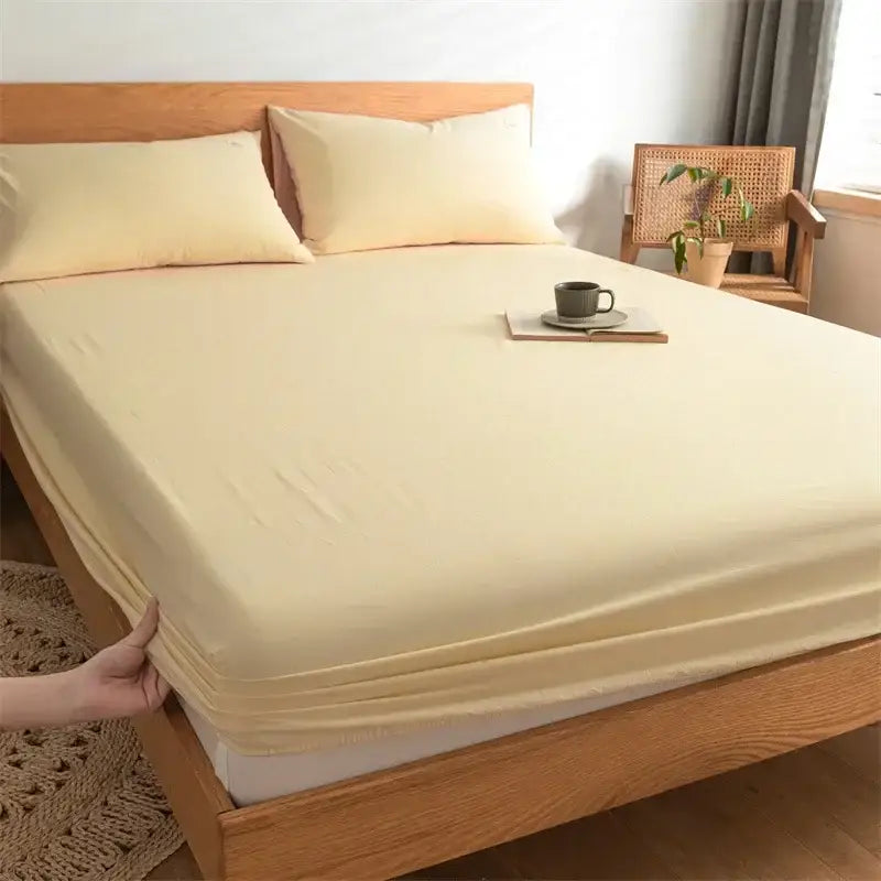 Plaid green & beige cotton fitted sheet – bedroom soft textured weave
