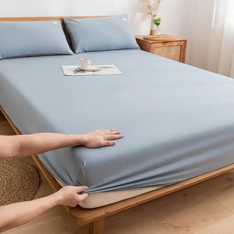 Plaid green & beige cotton fitted sheet – bedroom soft textured weave