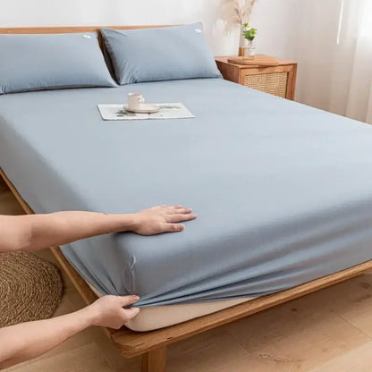 Plaid green & beige cotton fitted sheet – bedroom soft textured weave