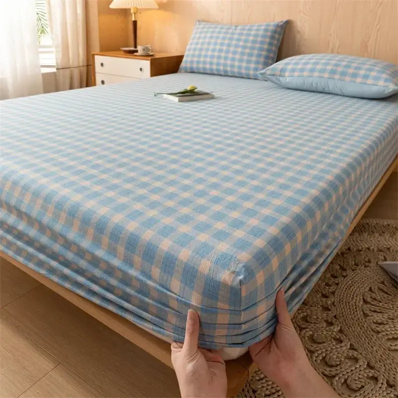 Plaid green & beige cotton fitted sheet – bedroom soft textured weave