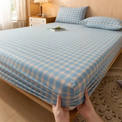Plaid green & beige cotton fitted sheet – bedroom soft textured weave