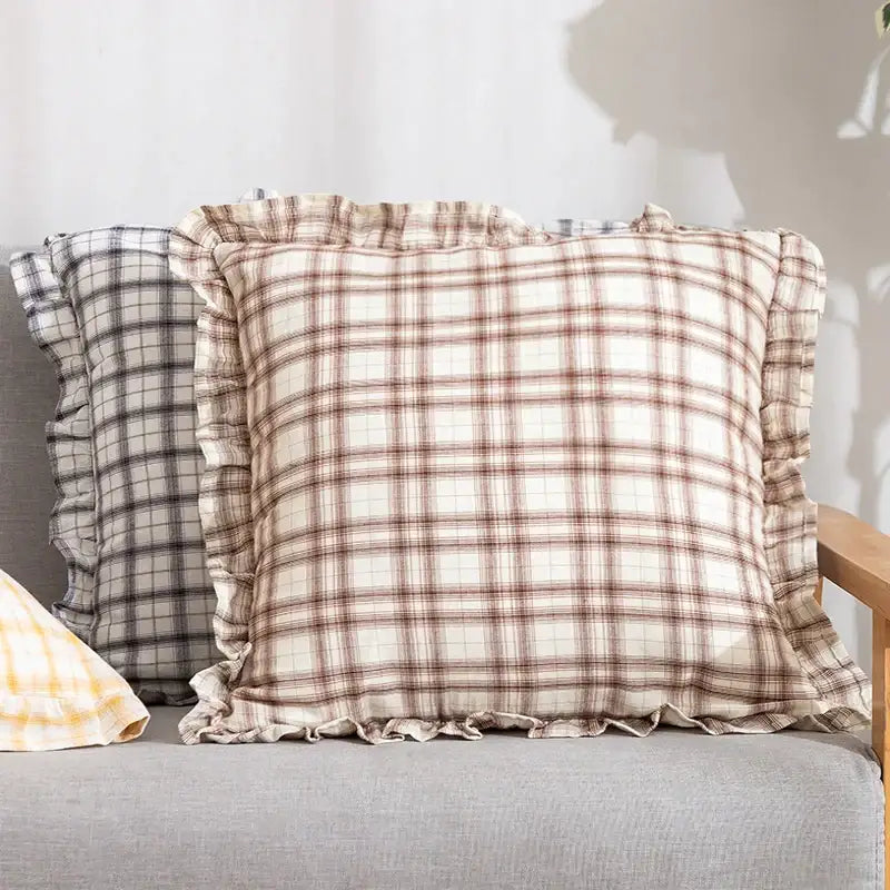 Plaid ruffled cotton coffee black cushion cover living room decor