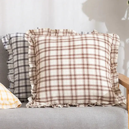 Plaid ruffled cotton coffee black cushion cover living room decor