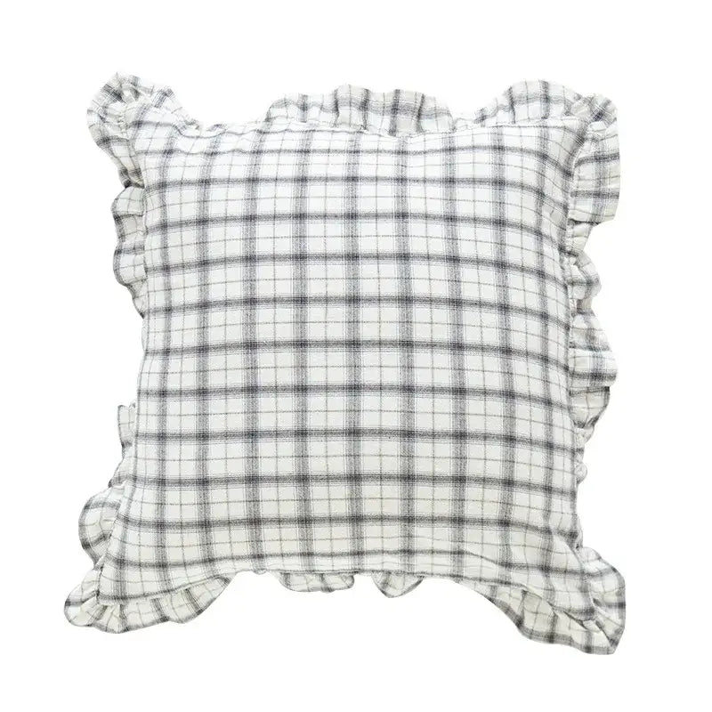 Plaid ruffled cotton coffee black cushion cover living room decor
