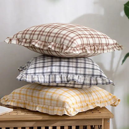 Plaid ruffled cotton coffee black cushion cover living room decor